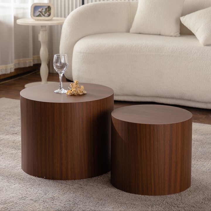 Modern Round Drum Nesting Coffee Table Set of 2, Wooden Cylinder Coffee Tables for Living Room, Space-Saving Design