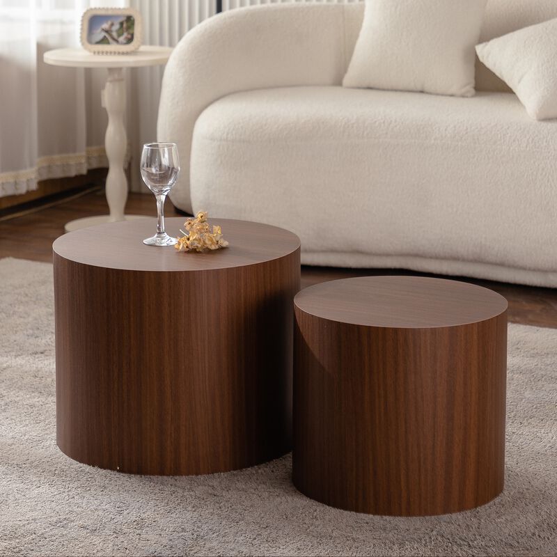Modern Round Drum Nesting Coffee Table Set of 2, Wooden Cylinder Coffee Tables for Living Room, Space-Saving Design image number 1
