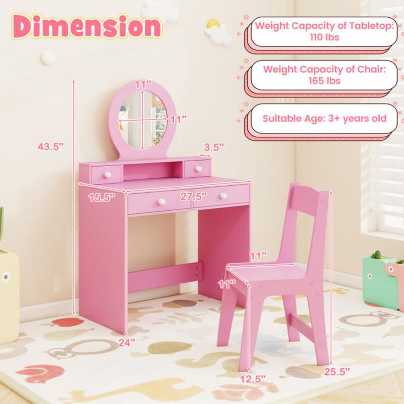 Hivvago Kids Vanity Set with Mirror Princess Makeup Dressing Desk and Chair Set with Mirror
