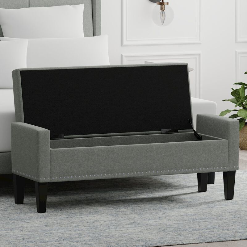 Rize Home 51.25 Storage Bench with Truncated Arms + Nailhead Trim - Stone (Light Gray) image number 5