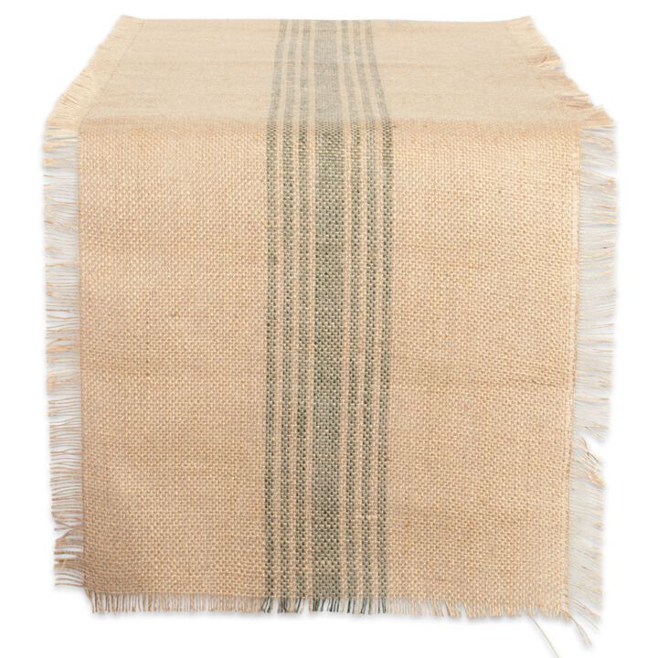 108" Beige and Green Middle Striped Burlap Table Runner