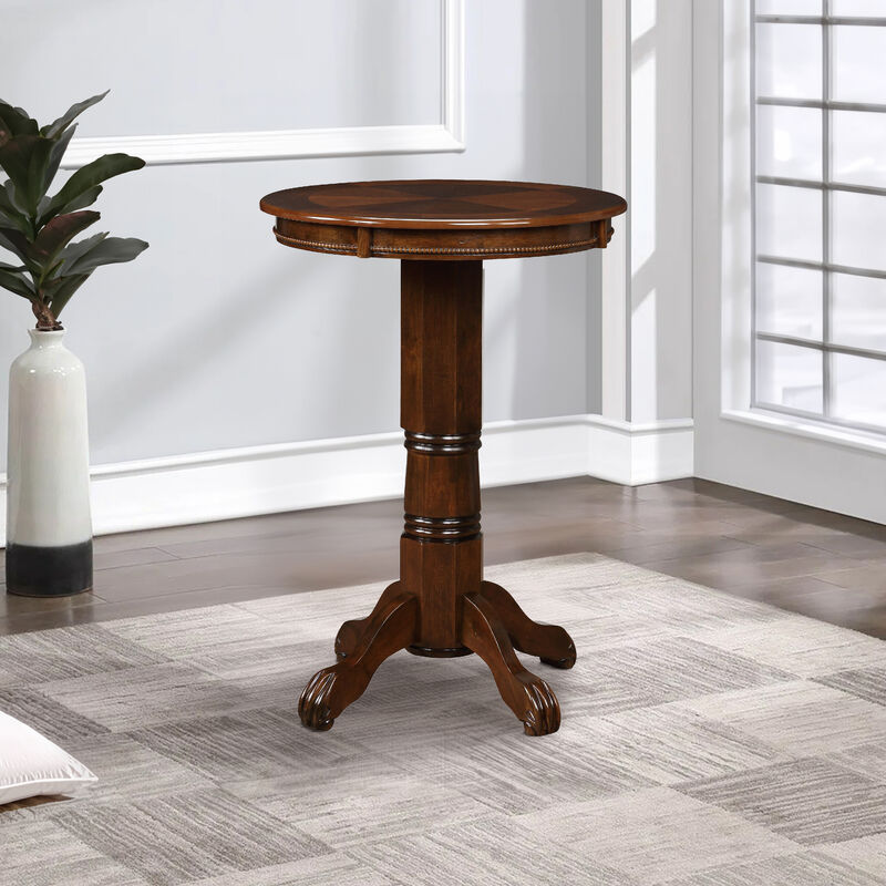 Ava 42 Inch Wood Pub Bar Table, Sunburst Design, Carved Pedestal, Cappuccino