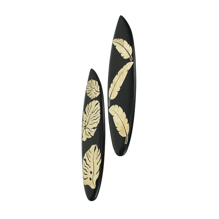 Set / 2 Hand Crafted Wooden Tropical Leaf Surfboard Decorative Wall Hangings 20"