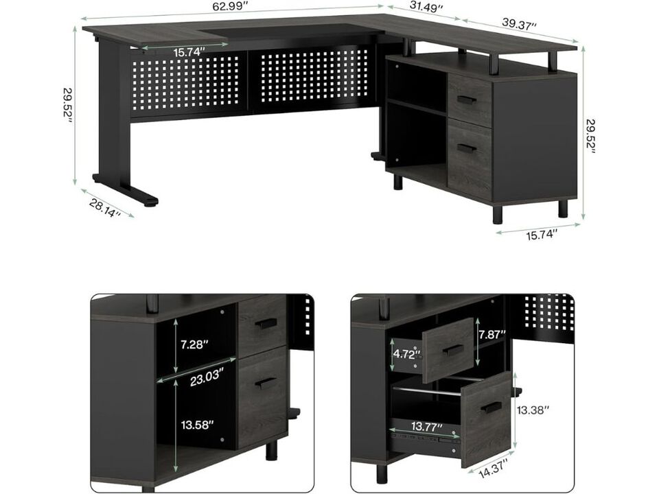 Executive Desk &ndash; 63" L‑Shaped Gray & Black Office Desk with File Cabinet, Drawers & Shelves