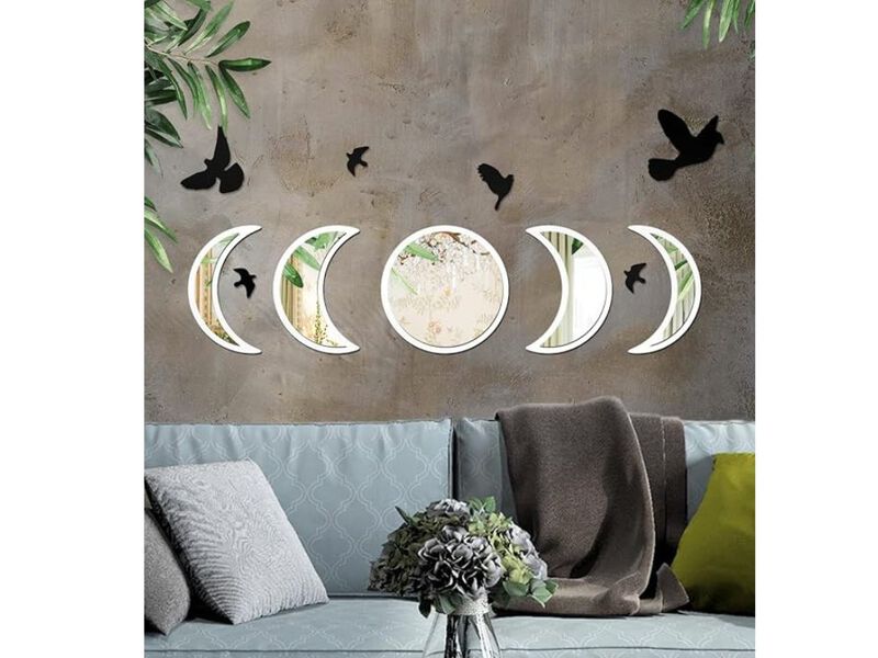 Moon Phase Mirror Set with Birds &ndash; Boho Gothic Wall Decor