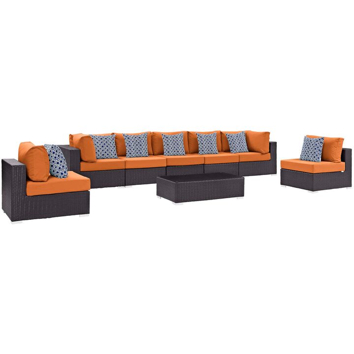 Convene Outdoor Sectional Set - Durable Rattan Weave, Weather-Resistant Cushions, 8-Piece Espresso Orange Patio Furniture