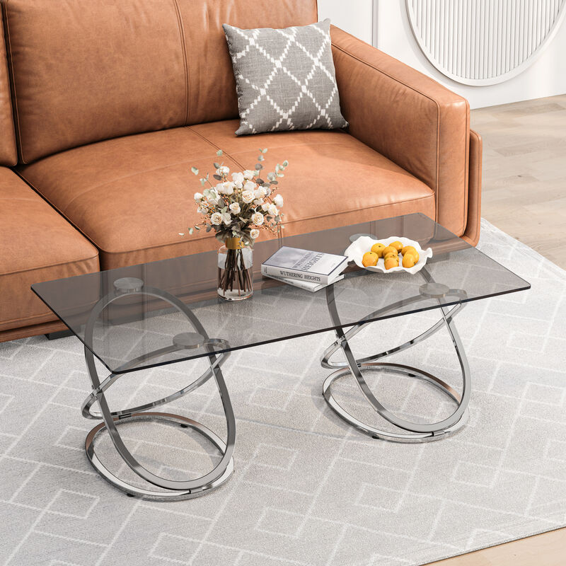GOODSILO Modern Rectangle Tempered Glass Coffee Table with Sturdy Ring-Shaped Metal Frame Sleek Center Table for Living Room Bedroom Office Use image number 4