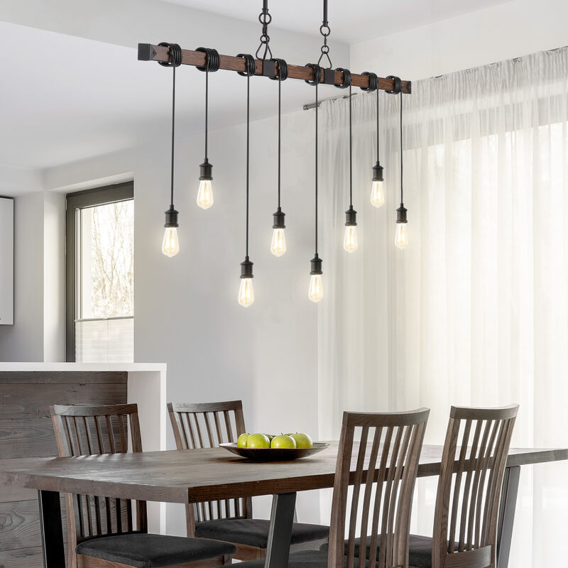 Rhys 8-Light Vintage Industrial Driftwood Iron LED Linear Chandelier with Height Adjustable Bulbs