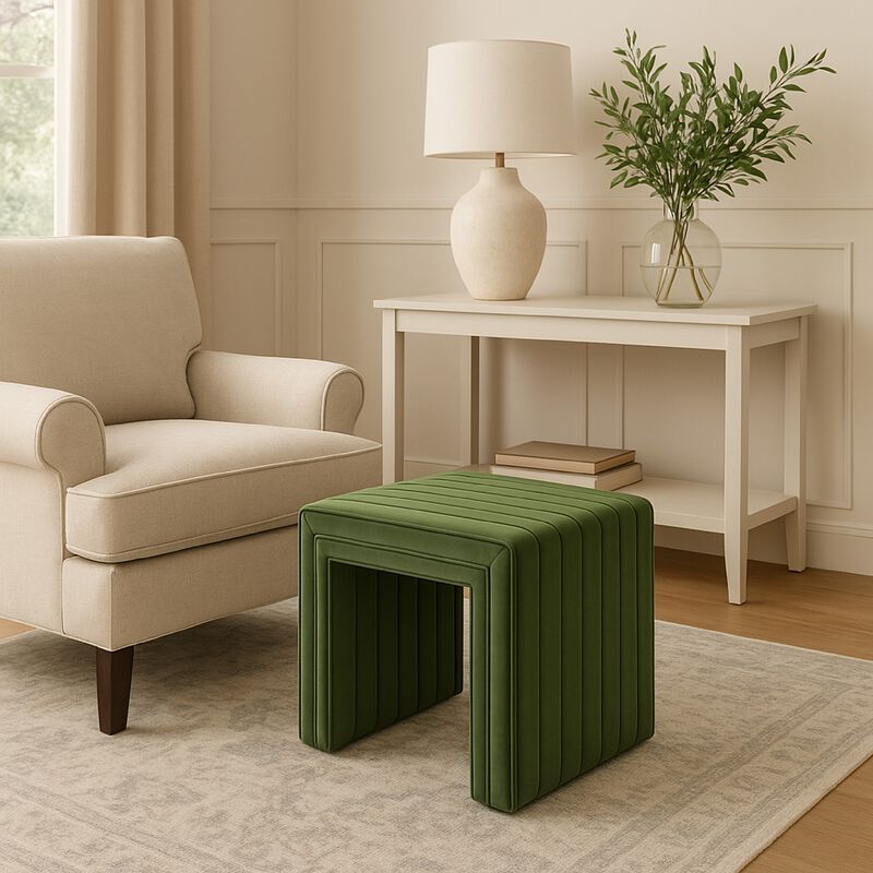 Ada Footstool Ottoman with Channel Tufted Green Velvet, 19 Inch image number 1