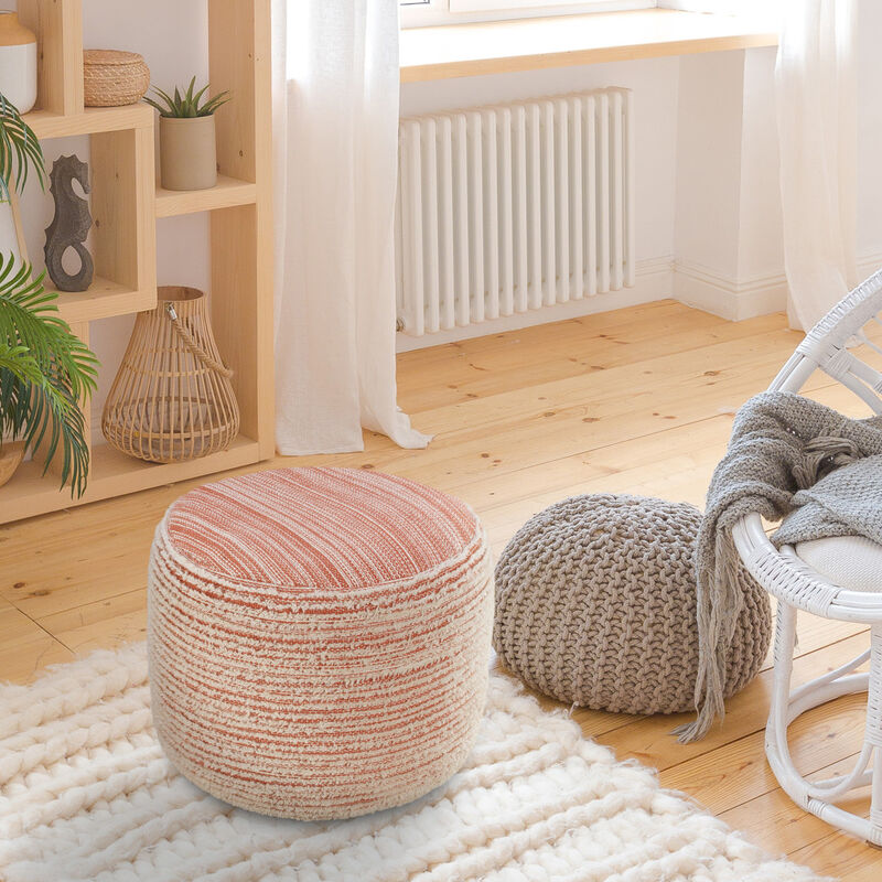 Durable Fabric Cylinder Striped Pouf Ottoman – Accent Floor Cushion for Living Room