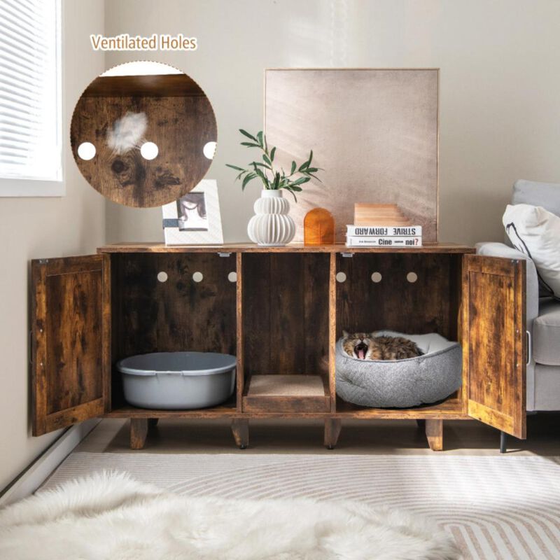 Hivvago 2-Door Cat Litter Box Enclosure with Winding Entry and Scratching Board