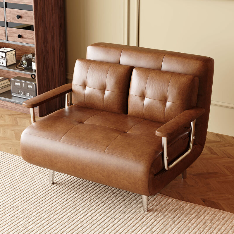 Leather Sofa Bed with Metal Legs for Living Room 39.37", Brown image number 3