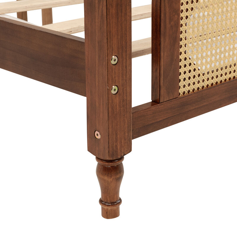 Whisen King Pine Wooden Bed with Rattan Headboard and Footboard, with Central Enhanced Bed Platform image number 6