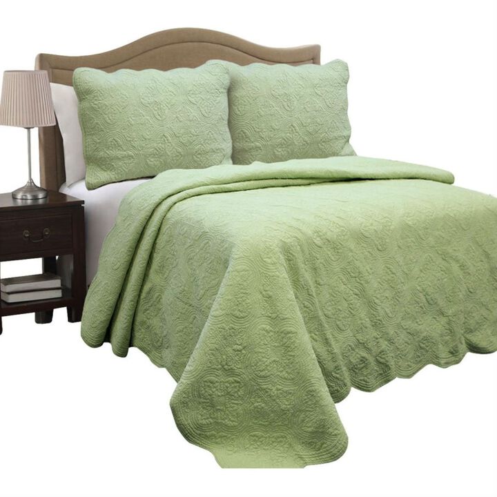 QuikFurn Full Queen Green Cotton Quilt Bedspread with Scalloped Borders