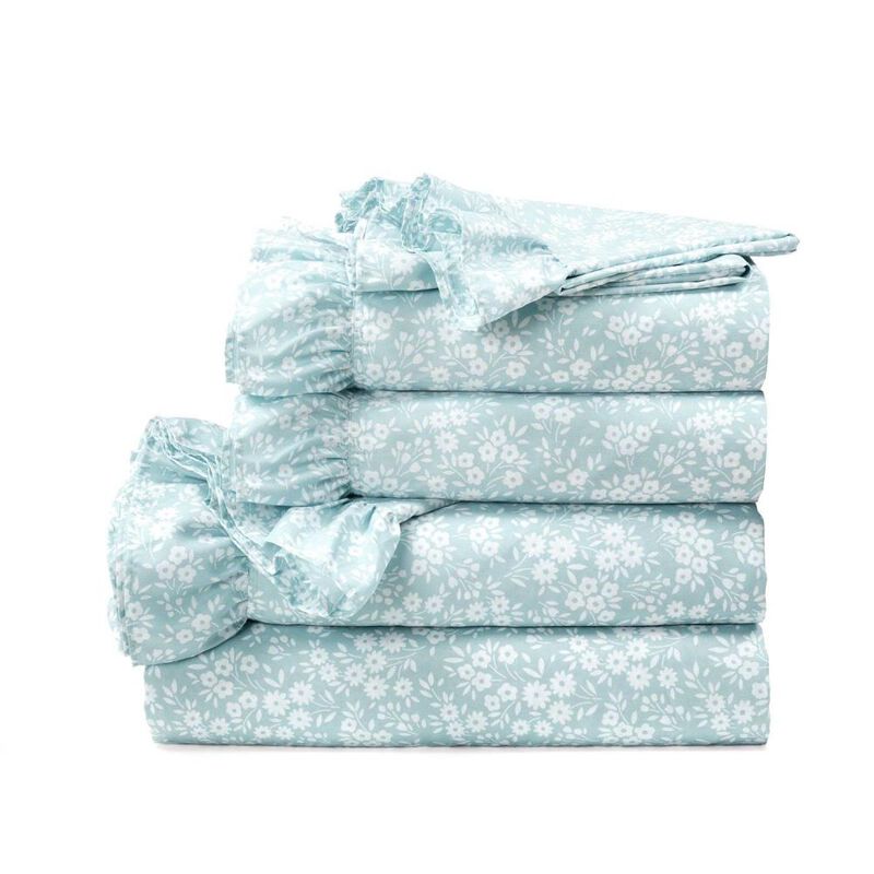 Hivvago King Size Polyester Blue Ruffle Floral 6 Piece Sheet Set
