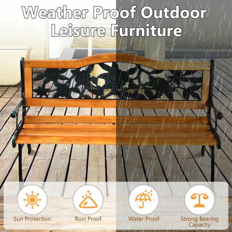 Hivvago Garden Bench Chair Outdoor Wooden Loveseat with Iron Armrest