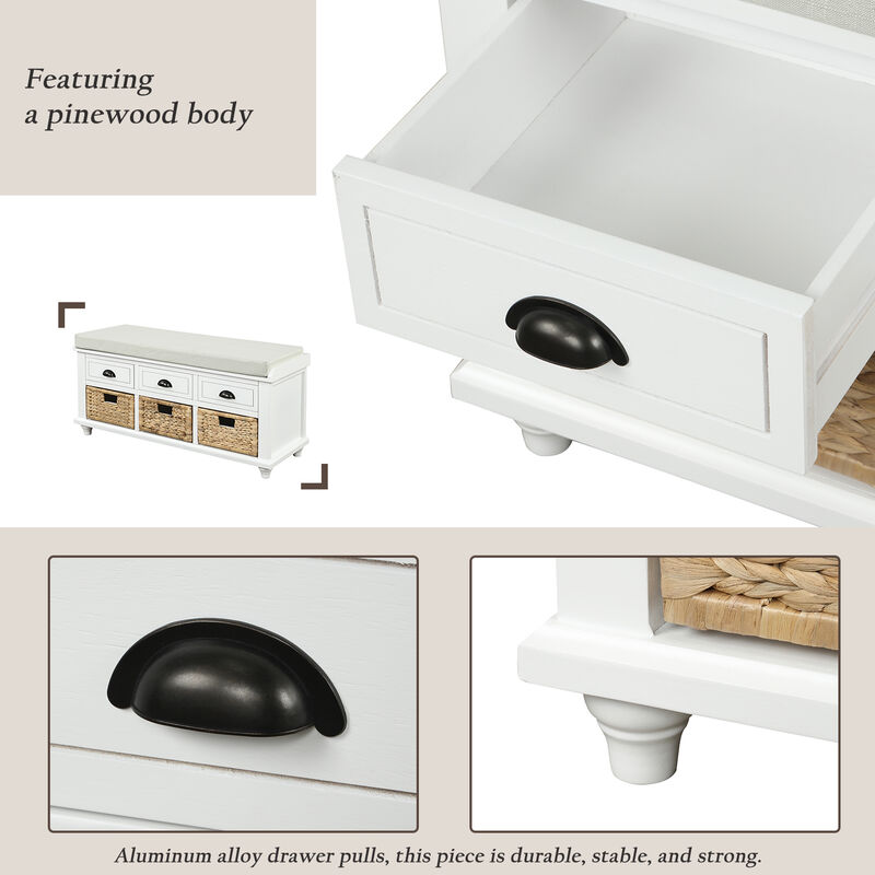 Whisen Rustic Storage Bench with 3 Drawers and 3 Rattan Baskets - White Washed