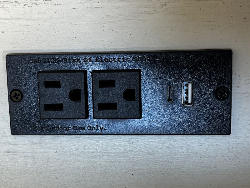 Streamdale Farmhouse End Table with Barn Door & Drawer, Charging Station