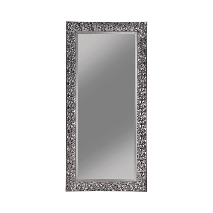 Rectangular Beveled Accent Floor Mirror with Glitter Mosaic Pattern, Gray-Benzara