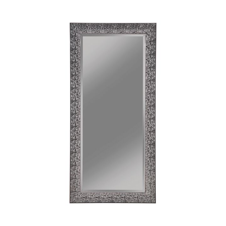 Rectangular Beveled Accent Floor Mirror with Glitter Mosaic Pattern, Gray - Benzara