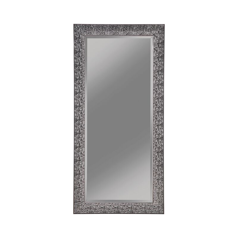 Rectangular Beveled Accent Floor Mirror with Glitter Mosaic Pattern, Gray - Benzara