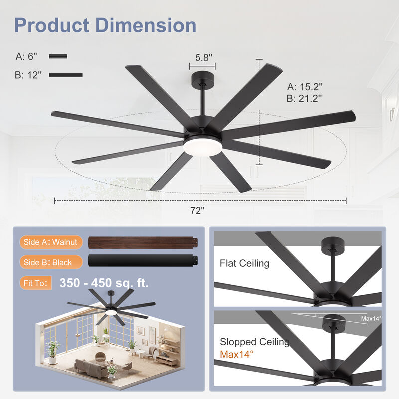 Breezary 72 In LED Ceiling Fan with Light, 3 CCT Color, DC Motor,8 Aluminum Blade, 6 Speed Remote image number 9
