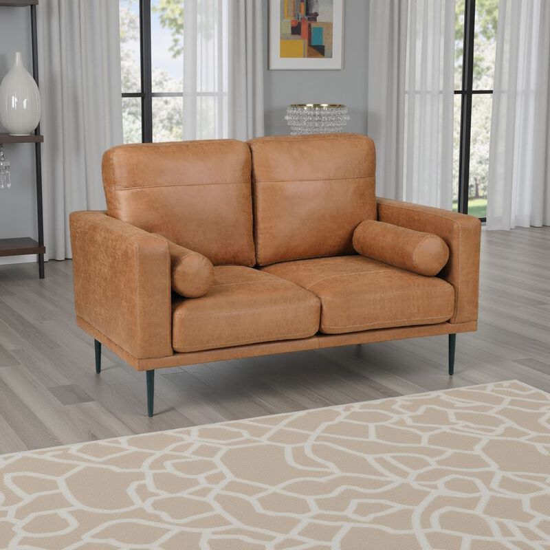 Coxi Loveseat with 2 Bolster Pillows, Soft Brown Microfiber, 58 Inch - Benzara