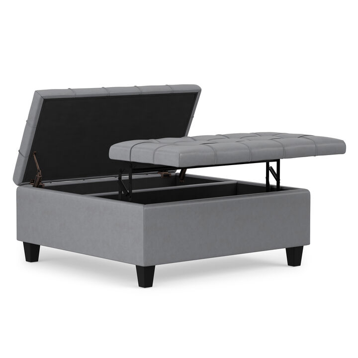 Harrison 36 inch Wide Transitional Square Coffee Table Storage Ottoman in Stone Grey Vegan Faux Leather, Assembled