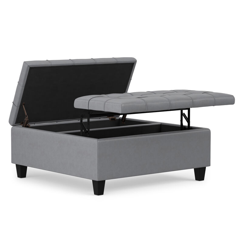 Harrison 36 inch Wide Transitional Square Coffee Table Storage Ottoman in Stone Grey Vegan Faux Leather, Assembled image number 0