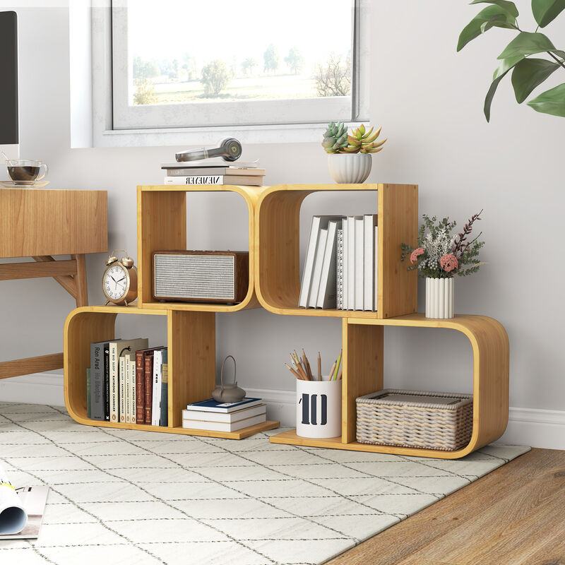 2-Tier S-Shaped Wicker Bookcase with 2 Open Cubes for Living Room