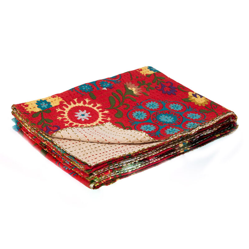 HomeRoots 50" X 70" Red Floral Cotton Quilted Kantha Throw Blanket with Embroidery image number 2