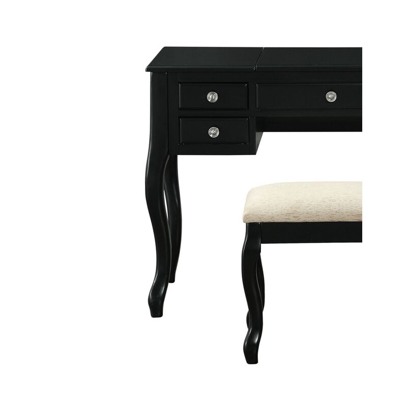 Classic 1pc Vanity Set w Stool Black Color Drawers Open-up Mirror Bedroom Furniture Unique Legs Cushion Seat Stool Vanity