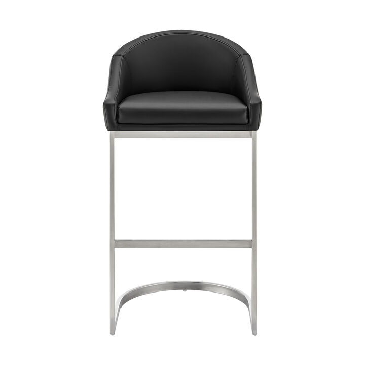 Lina 28 Inch Bar Stool Chair, Metal Cantilever Base, Black Faux Leather-Benzara
