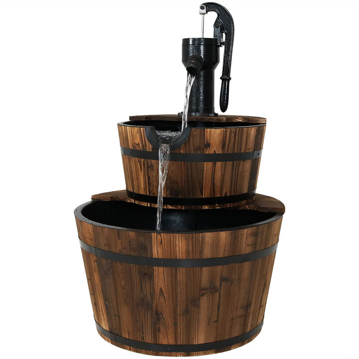 Sunnydaze Rustic 2-Tier Wood Barrel Water Fountain with Hand Pump - 34 in