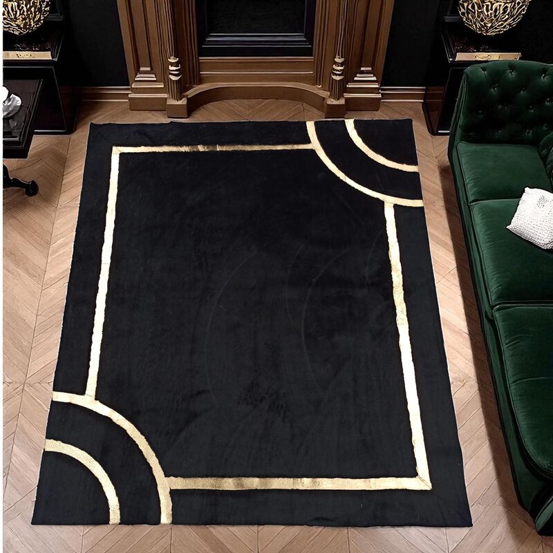 Black Geometric Gold Border Plush Rug image number 2