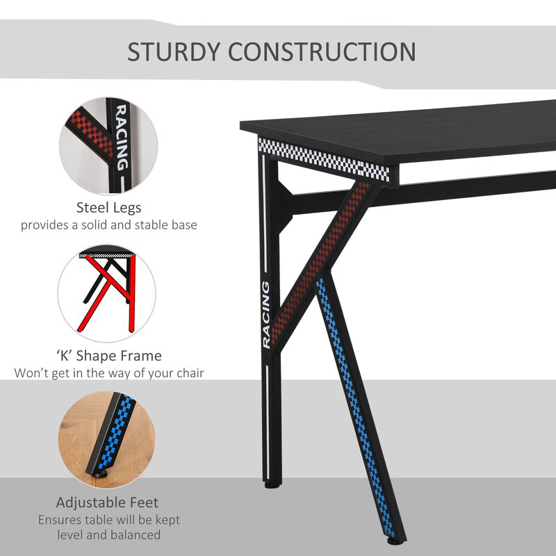 43" Racing Style Gaming Desk with Multi-Colored K Steel Frame Design and Headset Side Hook, Black/Multi