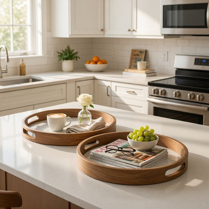 18, 15 Inch Round Decorative Tray, Marble Effect, Brown Fir Wood Frame