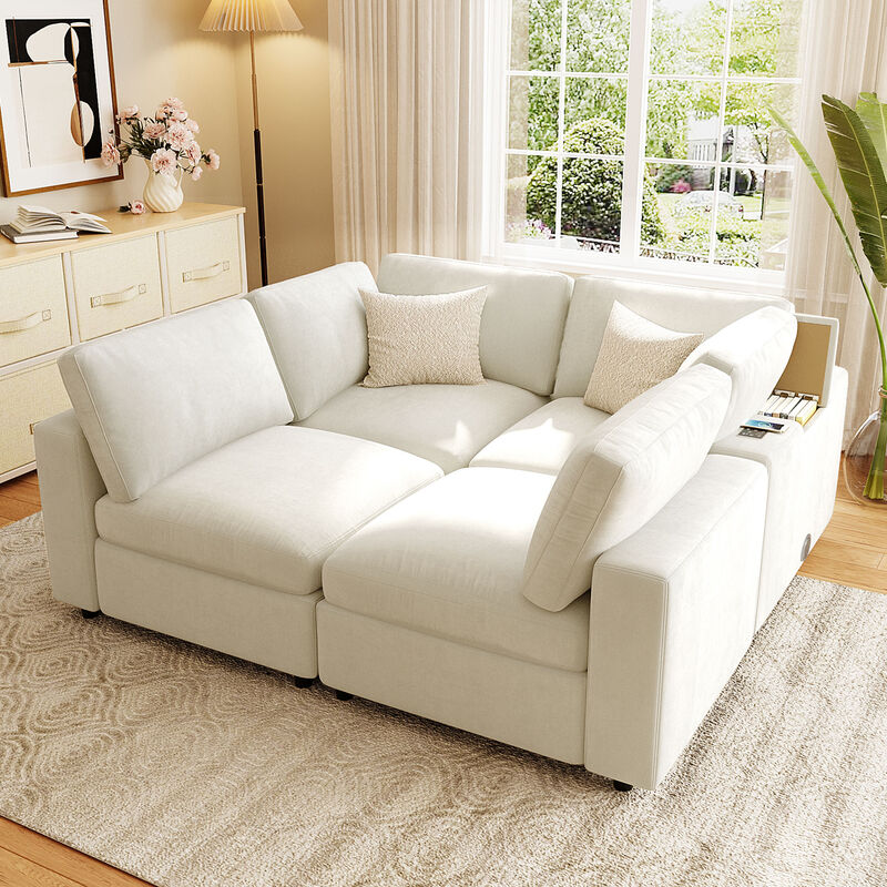 Merax  Upholstered Modular Sofa with Storage Space, USB Charge Ports, Wireless Charging and Built-in Bluetooth Speaker in Arm image number 3