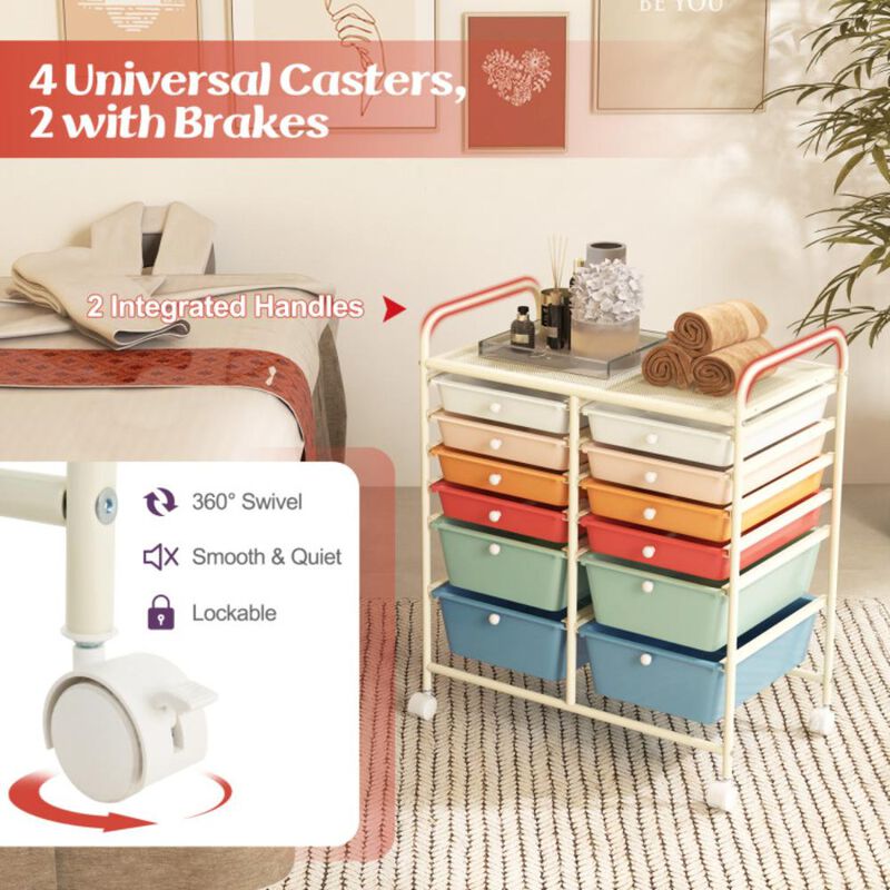 Hivvago 12-Drawer Rolling Storage Cart with Removable Drawers and Lockable Wheels-Rose Red