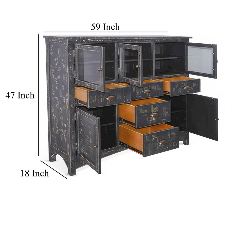 Rena Sideboard Buffet Console, 4 Doors, 5 Drawers, 59 Inch Black Wood - Benzara