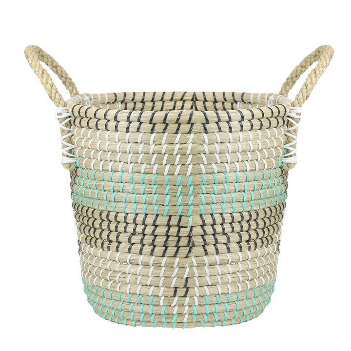 14" Natural Woven Seagrass Basket with Teal  Black and White Accents