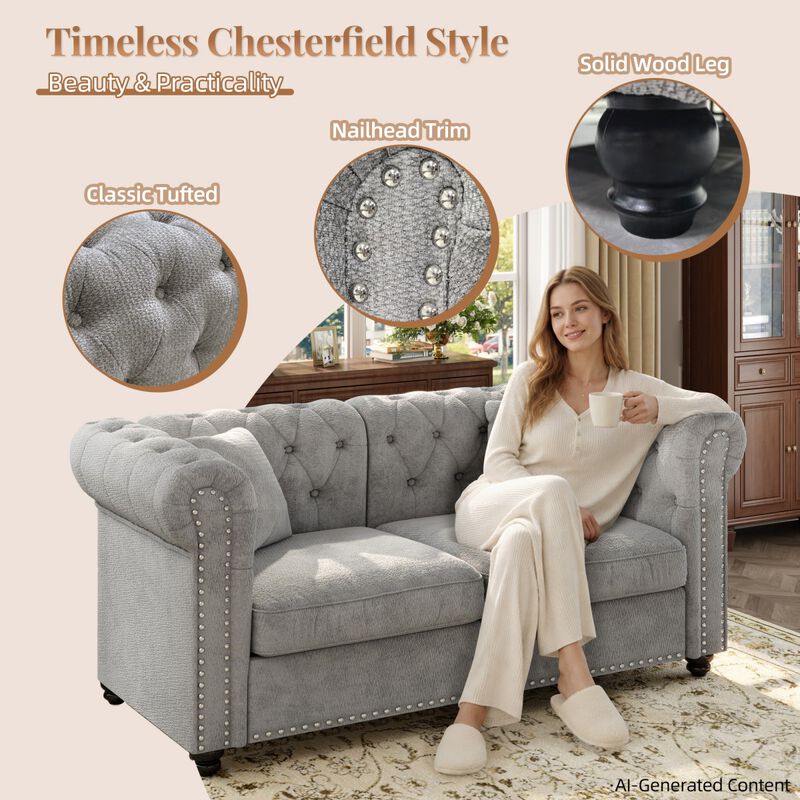 Chesterfield Tufted Sectional Sofa Nailhead Trim Chenille Deep Seat Sofa Couch, Sectional Sofa Deep Seat for Living Room Apartment, Chenille Sectional Sofa Couch Classic Design with Rolled Arms for Office image number 7