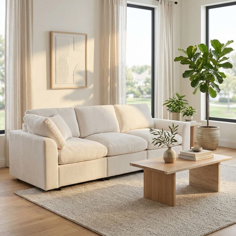 Chenille 3 seater sofa, U style deep seat couch with throw pillow, Contemporary living room sofa with solid wood frame image number 3