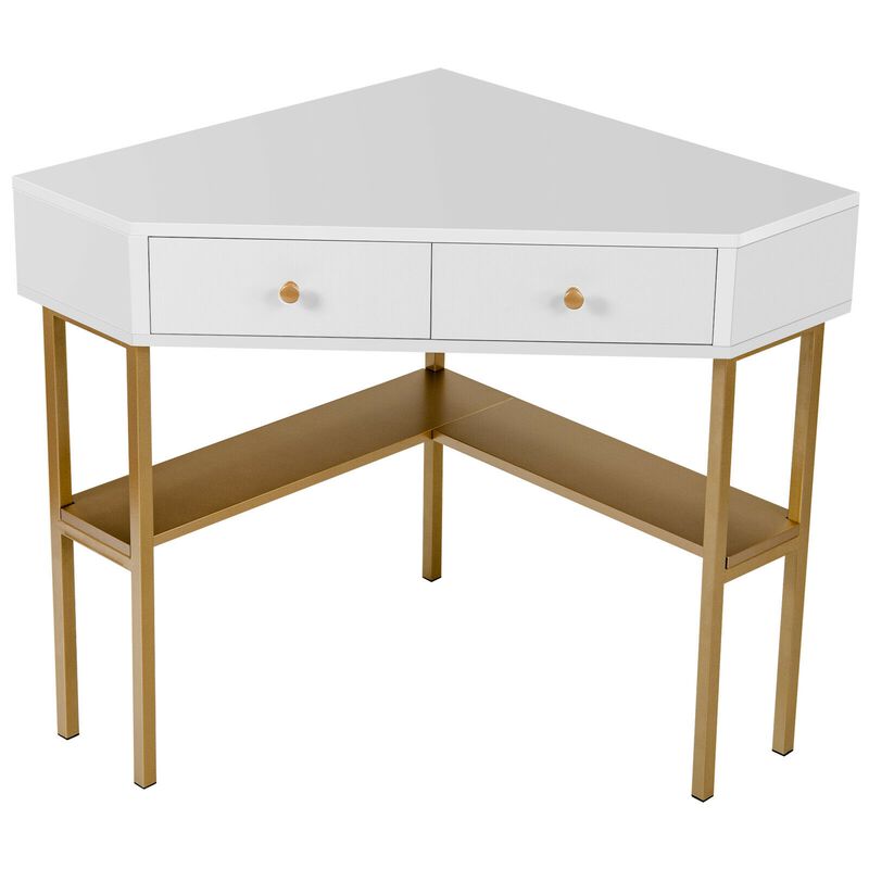 Space Saving Corner Computer Desk with 2 Large Drawers and Storage Shelf