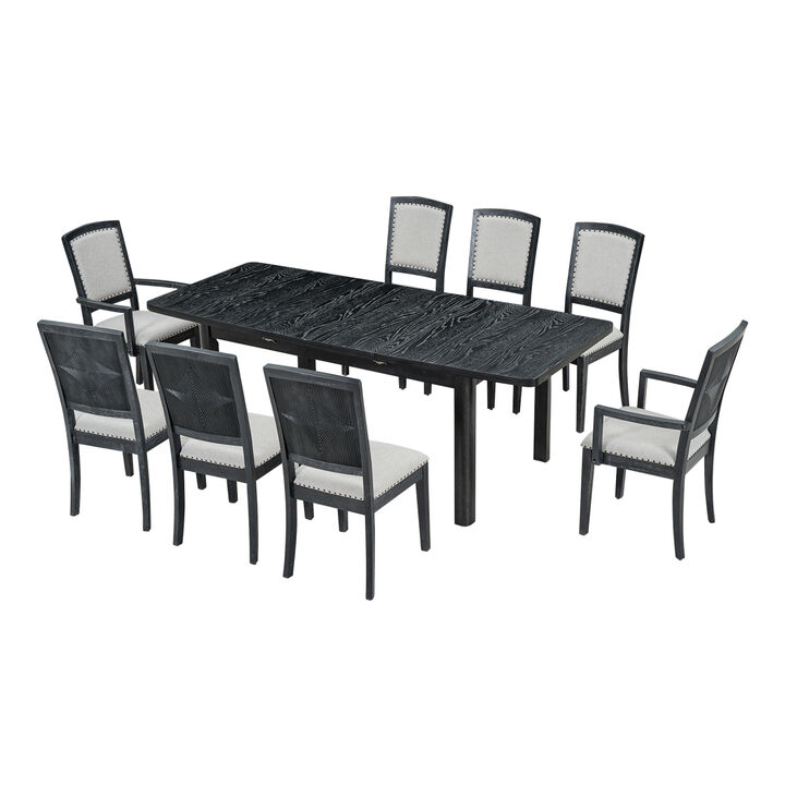 Rustic Extendable 84inch Dining Table Set with 24inch Removable Leaf, 6 Upholstered Armless Dining Chairs and 2 Padded Arm Chairs, 9 Pieces, Black