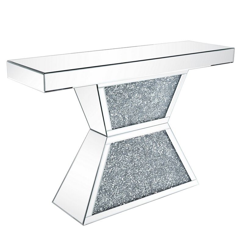 47 Inches Glass Top Console Table with Faux Stone Inlay, Silver-Benzara