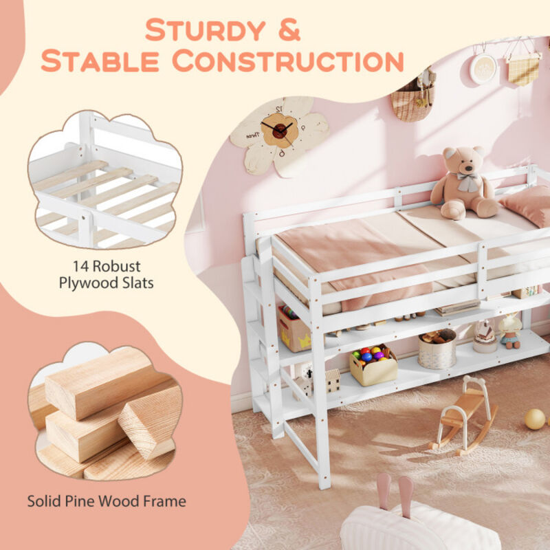 Loft Bed with Storage Shelves, Full-Length Guardrails, and Built-In Ladder