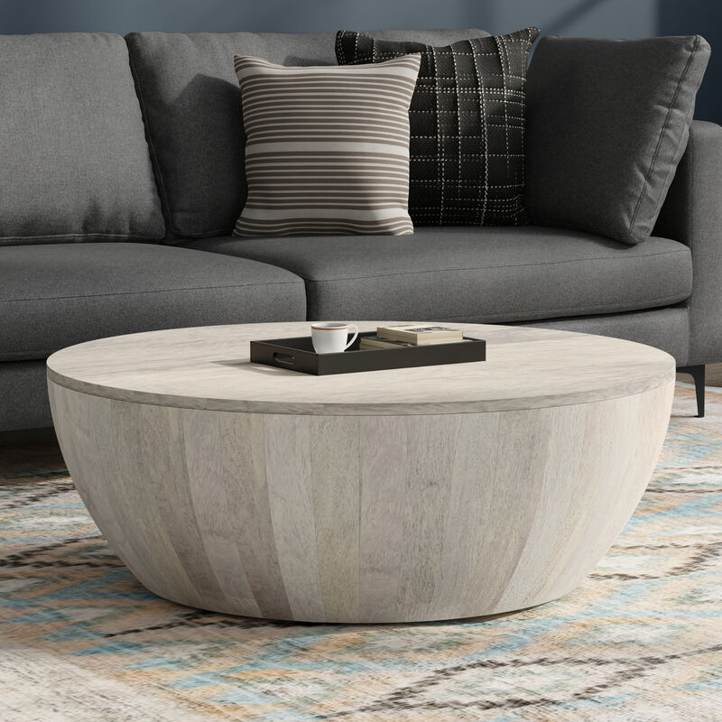 Elmbrook 34 inch Wide Solid Mango Modern Industrial Drum Coffee Table in White Wash, Assembled