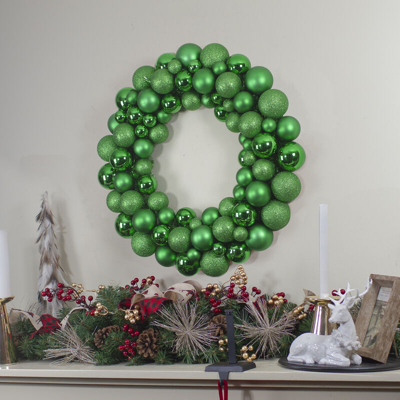 Green 3-Finish Shatterproof Ball Christmas Wreath - 24-Inch  Unlit image number 1