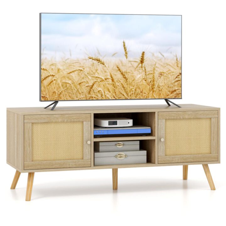Hivvago PE Rattan Media Console Table with 2 Cabinets and Open Shelves